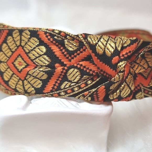 JEWELTONE JACQUARD SATIN FABRIC top knot orange gold black pattern headband - Picture 4 of 9